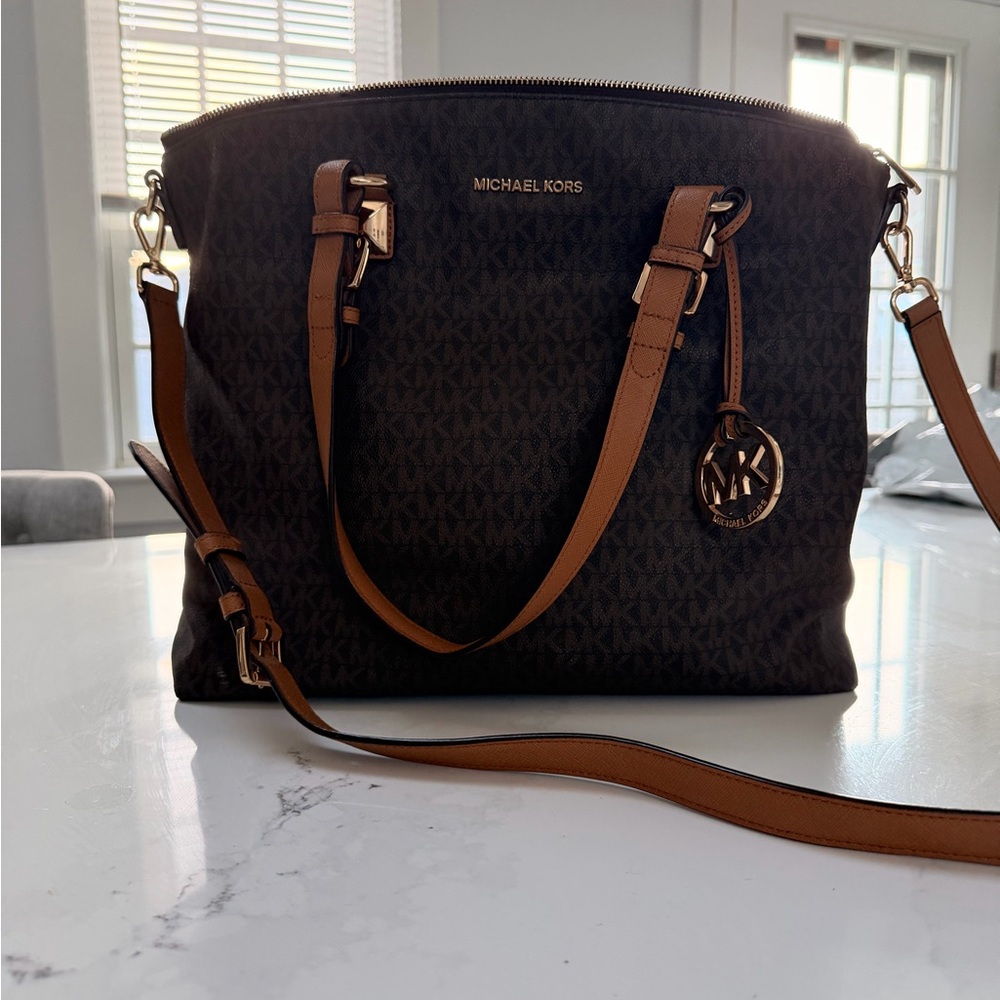 Michael Kors Dark Brown Signature Tote with Tan Straps